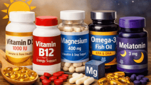 Essential vitamins for night shift workers including vitamin D, B12, magnesium, omega-3 and melatonin