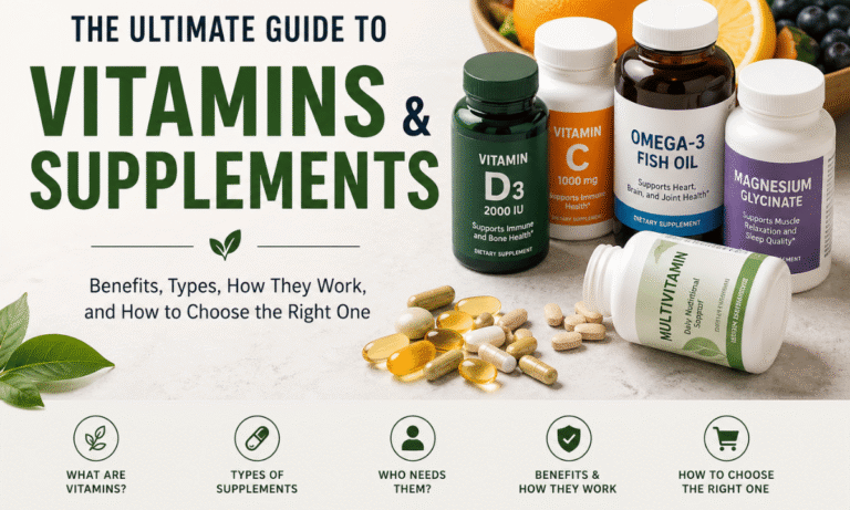 The ultimate guide to vitamins and supplements featuring multivitamins, fish oil, and vitamin C with natural fruits