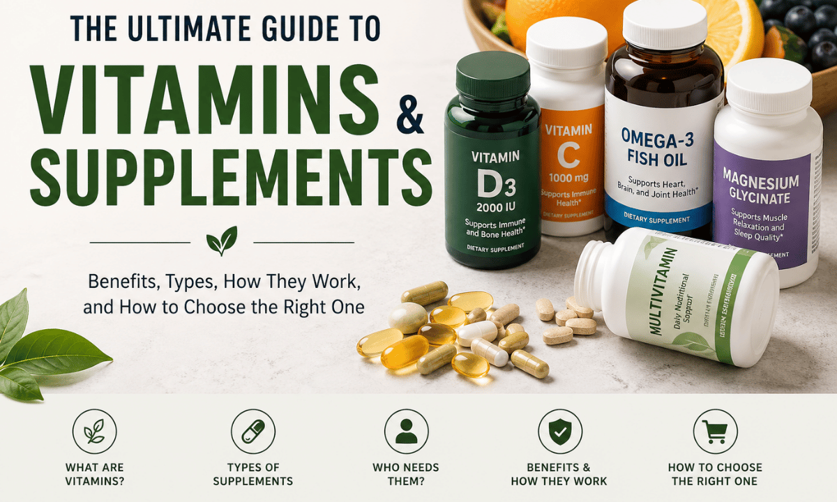 The ultimate guide to vitamins and supplements featuring multivitamins, fish oil, and vitamin C with natural fruits