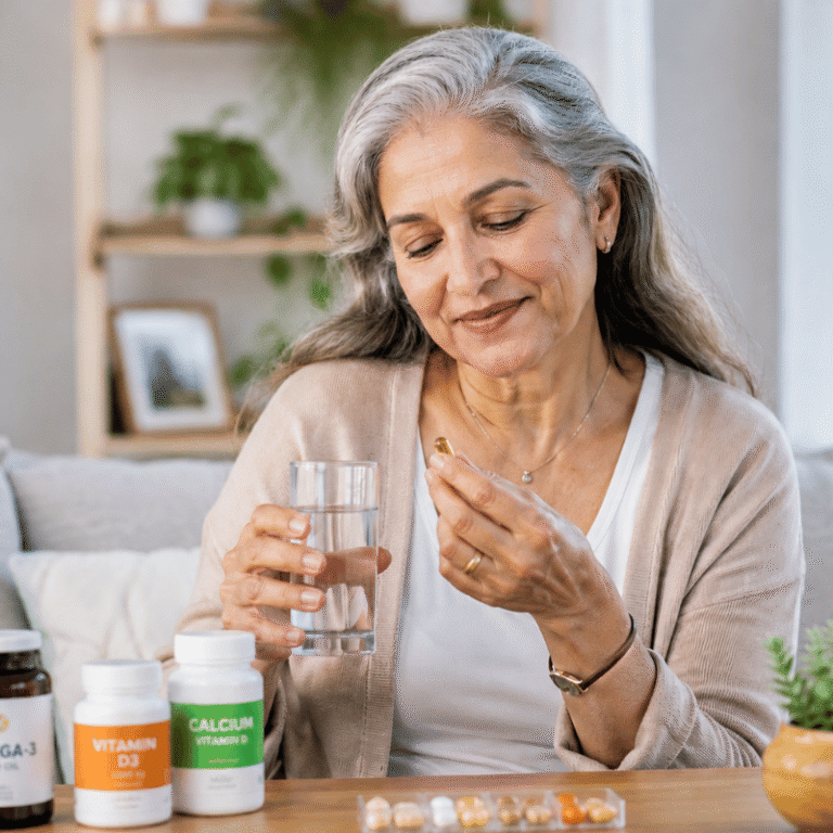 Mature woman smiling while taking daily vitamins to help prevent arthritis