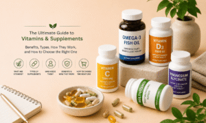 The ultimate guide to vitamins and supplements featuring multivitamins, fish oil, and vitamin C with natural fruits
