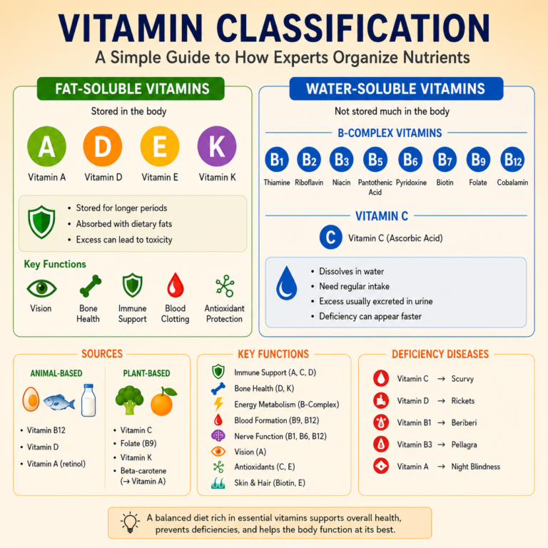Medical illustration showing how health experts classify and organize nutrients and vitamins into fat-soluble and water-soluble categories